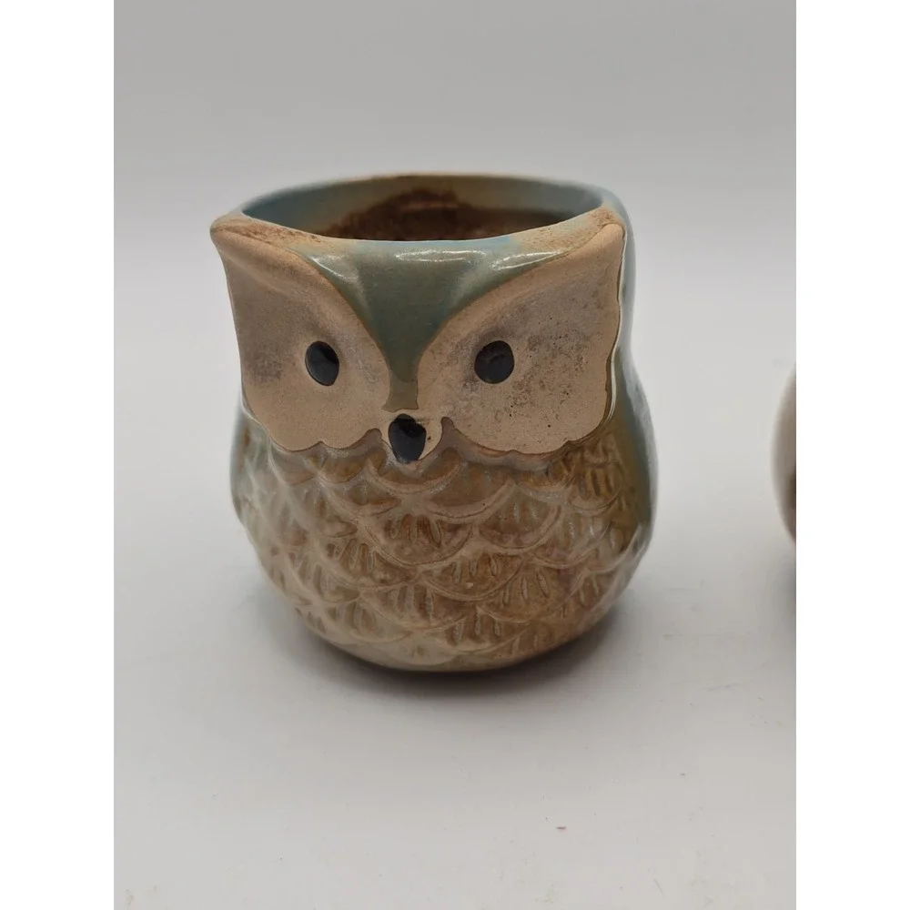 Woodland Mini Owl Planters or Match Stick Holders Tan Beige Brown  Set of 2